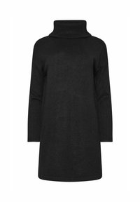 Vestito in maglia nera con colletto alto, maniche lunghe, texture a coste e silhouette ampia. Presenta un design senza cuciture per il massimo comfort.
