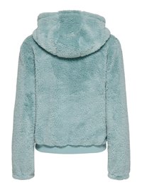 Turquoise fleece jacket with a hood, cropped design, and ribbed hem. Soft texture and oversized fit, featuring no visible fastenings.