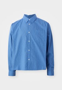 Blue checkered button-up shirt with a collar, long sleeves, and a chest pocket. Bright blue fabric with a grid pattern and white buttons.