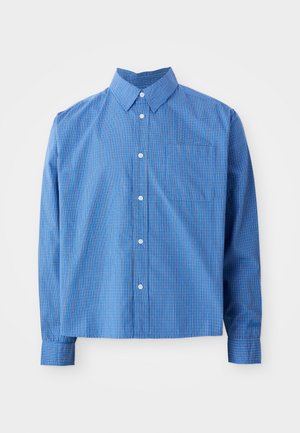Blue checkered button-up shirt with a collar, long sleeves, and a chest pocket. Bright blue fabric with a grid pattern and white buttons.