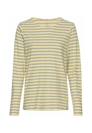 Langsleeve gestreepte t-shirt, met lichtgele en groene horizontale strepen, een brede ronde halslijn, en zachte stof met een iets relaxte pasvorm.