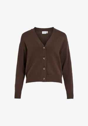 Brauner Strickcardigan mit V-Ausschnitt, sieben Knöpfen auf der Vorderseite und gerippten Bündchen. Weiche Textur; kurze Form mit entspannter Passform.