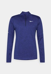 Mäns långärmad sporttröja med kvartdragkedja i melerat blått, med en liten vit Nike-swoosh-logotyp på bröstet.