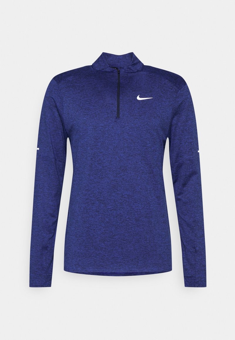 Miestanske dlhé rukávy, športová mikina s kvartovým zipsom v melírovanej modrej farbe s malým bielym logom Nike swoosh na hrudi.