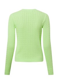 Grüner gestrickter Pullover mit einem strukturierten Rippmuster, langen Ärmeln und einem runden Halsausschnitt. Der Stoff wirkt weich und leicht.