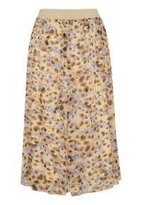 Plisovaná midi sukňa vyrobená z priesvitného materiálu, s béžovým základom a hnedými a svetlomodrými leopardími škvrnami. Elastický pás pre pohodlie.