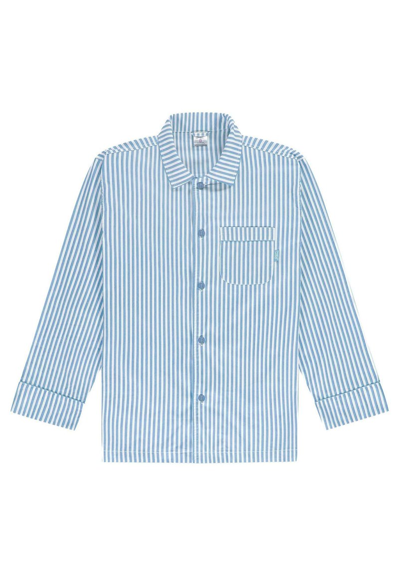 Šviesiai mėlynos ir baltos vertikalios juostelės ilgomis rankovėmis marškiniai, su mygtukų užsegimu priekyje, apykakle ir viena krūtinės kišenė.