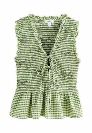 Green and cream checked sleeveless blouse with ruffled edges, smocked bodice, embroidered floral details, and front tie at V-neck.