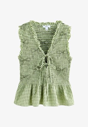 Žalios ir kreminės spalvos languota berankovė palaidinė su raukiniais kraštais, su guma siūta viršutinė dalis, siuvinėtais gėlių raštais ir priekyje surišama V formos iškirpte.