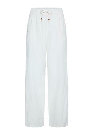 Weiße Leinenhose mit Kordelzug, elastischem Bund und Holzperlendetails an der Kordel, gerader Beinschnitt, seitliche Taschen.