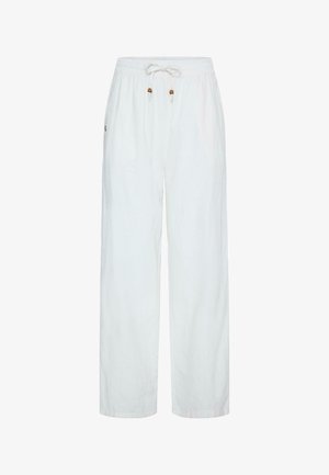 Hvite linbukser med snor, elastisk midje og treperler på snoren, rett ben, sidelommer.