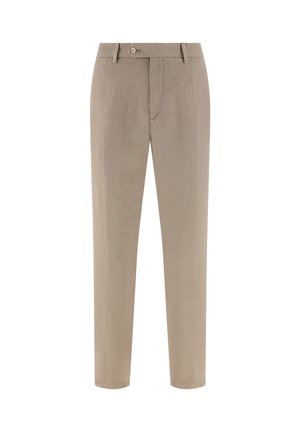 Pantalon beige à jambes droites avec fermeture à bouton et fermeture éclair, passants pour ceinture et une texture de tissu simple et lisse.