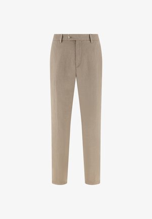 Beiget suorat suoralahkeiset housut, joissa on nappi- ja vetoketjukiinnitys, vyölenkit ja yksinkertainen, sileä kangaspinta.