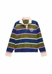 Garās piedurknes regbija krekls ar ziliem, zaļiem, baltiem un rozā horizontāliem svītrām, krēmkrāsas apkakle un aproces, kā arī balts izšūts emblēma uz krūtīm.