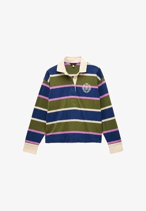 Garās piedurknes regbija krekls ar ziliem, zaļiem, baltiem un rozā horizontāliem svītrām, krēmkrāsas apkakle un aproces, kā arī balts izšūts emblēma uz krūtīm.