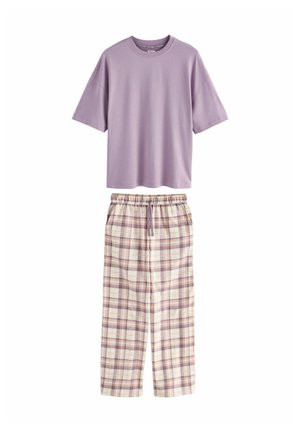 Lavender short-sleeve crewneck T-shirt paired with high-waisted, drawstring plaid pants in soft cream, pink, and purple tones.