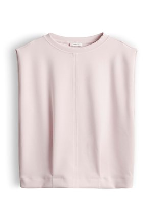 Haut rose clair sans manches avec un col rond et une couture verticale centrale, présenté à plat sur fond blanc.