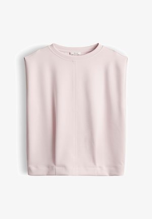 Mouwloze lichtroze top met een ronde halslijn en een centrale verticale naad, plat weergegeven op een witte achtergrond.