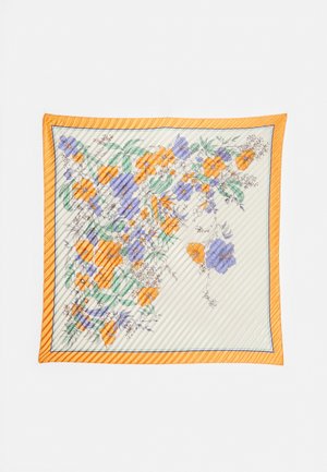 Foulard carré en soie avec bordure orange et imprimé floral avec des fleurs orange, violettes et vertes sur fond crème.