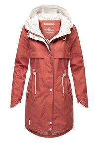 Red rain jacket with a white hood, adjustable waist drawstrings, two front pockets, and snap-button closures; features a striped inner lining.