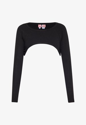 Černý žebrovaný dlouhý rukáv crop top s kulatým výstřihem a výřezem v pase, vyrobený z pružného materiálu pro dokonalé padnutí.