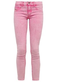 Slim-fit vaaleanpunaiset pestyt farkut, joissa on edessä nappi- ja vetoketjukiinnitys, vyölenkit ja viisi taskua.