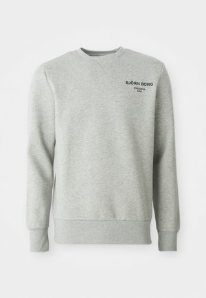 Svetrová mikina svetlo sivého odtieňa s rebrovanými manžetami a lemy, na hrudi s malým čiernym textom "BJÖRN BORG STOCKHOLM 1956".