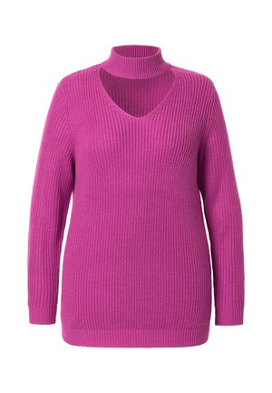Gebreide pullover trui in helder fuchsia met een hoge opstaande kraag, v-hals uitsnijding en ribgebreid textuur over het hele lichaam en de mouwen.