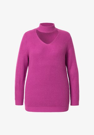 Gestrickter Pullover in leuchtendem Fuchsia mit hohem Stehkragen, V-Ausschnitt und geripptem Textur im gesamten Oberteil und den Ärmeln.
