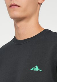 Crna dukserica s zelenim logotipom planine na lijevoj strani prsnog dijela. Materijal izgleda mekano s klasičnim dizajnom okruglog izreza.