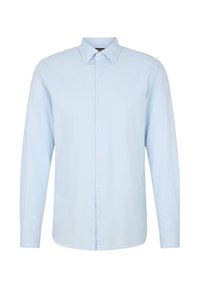 Himmelblaues Hemd mit Knopfleiste aus glattem Stoff, klassischem Kragen und langen Ärmeln, mit geradem Saum und weißen Knöpfen.