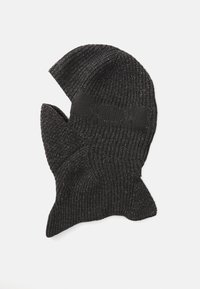 Svart strikket balaclava med et teksturert mønster, med en myk overflate og en elastisk stropp langs fronten for en sikker passform.