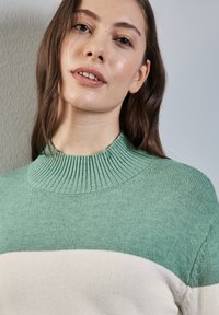 Maglione lavorato a maglia con collo alto a costine, caratterizzato da un design a blocchi di colore in verde menta e crema. Texture morbida e silhouette aderente.