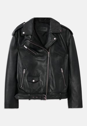 Black leather biker jacket with asymmetrical front zipper, zip and snap pockets, shoulder epaulets, and adjustable buckle belt at the waist.