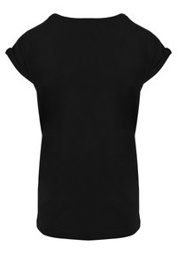 Schwarzes T-Shirt mit kurzen Ärmeln und einem abgerundeten Halsausschnitt, aus weichem Stoff und mit hochgekrempelten Ärmeln. Der Rücken ist schlicht und hat eine lockere Passform.