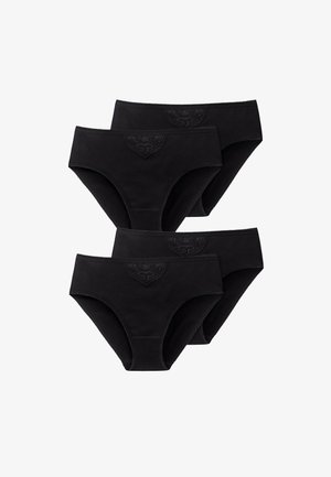 Zwarte katoenen ondergoedset van vier, met een gladde textuur, hoge snit en een decoratief patroon op de tailleband.