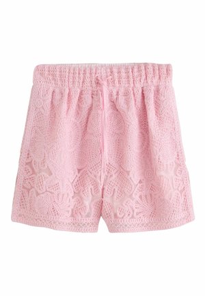 Rosa Spitzen-Shorts mit elastischem Bund und kleinem vorderem Schleifchen, mit floralem und Blattmuster über den gesamten Stoff.