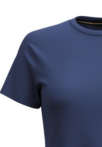 Marineblauw t-shirt met korte mouwen, voorzien van een gestructureerd patroon, een ronde hals en een gladde stof met subtiele horizontale lijnen.