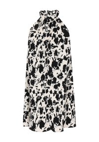 Zwart-witte bloempatron blouse met een hoge halslijn, lange mouwen en geplooide textuur. Rechte snit met een lichte flare aan de zoom.