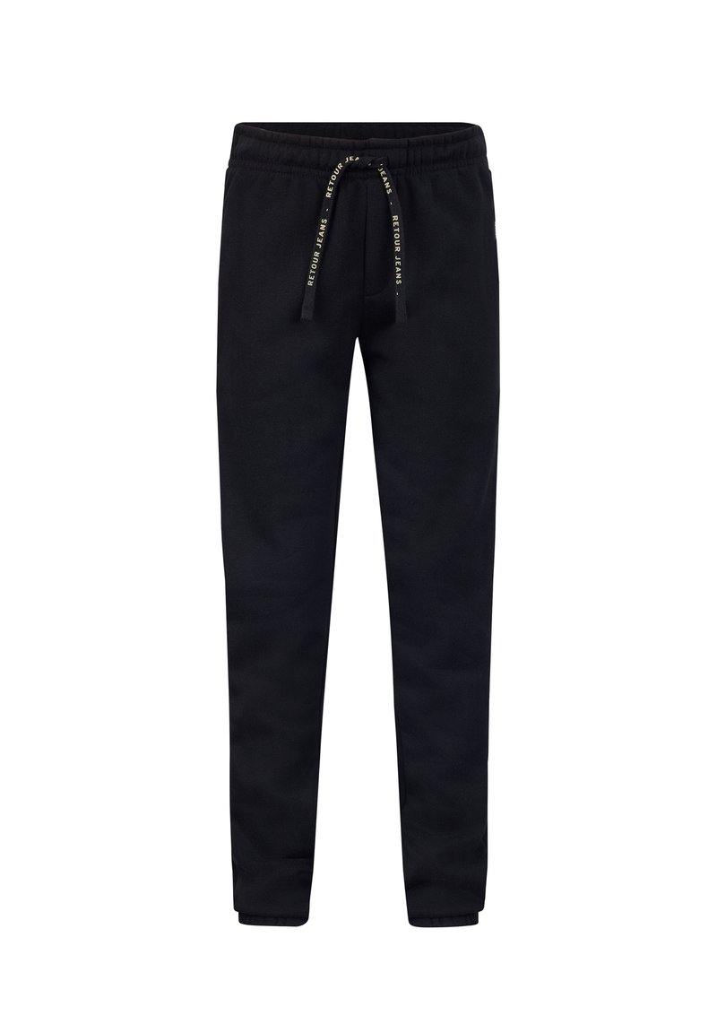 Schwarze Jogginghose aus einem weichen Baumwollmix mit elastischem Bund, verstellbarem Kordelzug und schmal zulaufenden Beinabschlüssen für einen taillierten Look.