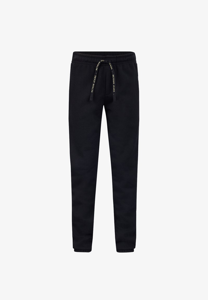 Schwarze Jogginghose aus einem weichen Baumwollmix mit elastischem Bund, verstellbarem Kordelzug und schmal zulaufenden Beinabschlüssen für einen taillierten Look.