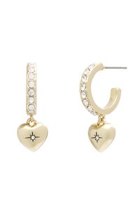 Aros de oro con cristales transparentes, adornados con charms en forma de corazón colgantes que tienen una piedra central y un detalle en forma de explosión.