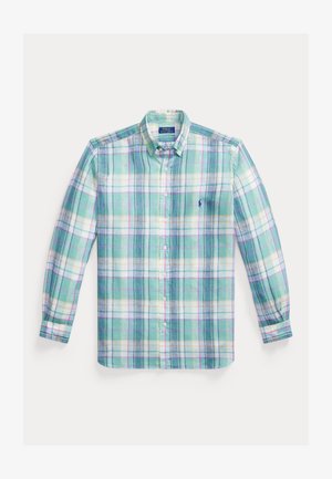 Hosszú ujjú gombos ing zöld, fehér és kék kockás mintával, gombos gallérral és kis hímzett logóval a mellrészen.