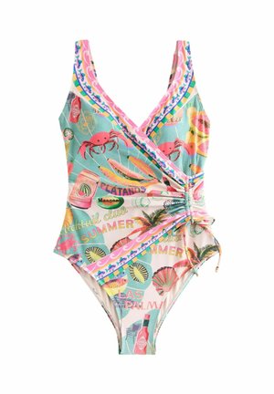 Einfarbiger Badeanzug aus einem mehrfarbigen Stoff mit einem lebhaften, sommerlichen Muster, im Wickeldesign und mit verstellbarem seitlichem Bindeband.