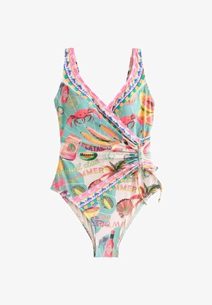 Enodelna kopalna obleka iz večbarvnega materiala z živahnim vzorcem poletne teme, z zavitim dizajnom in nastavljivim stranskim vezanjem.