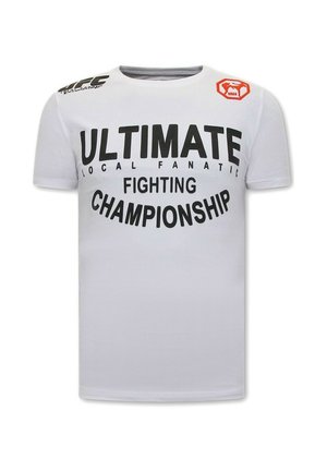 Wit UFC T-shirt met zwarte tekst "Ultimate Local Fanatic Fighting Championship" en een klein rood MMA-logo aan de rechterbovenkant.