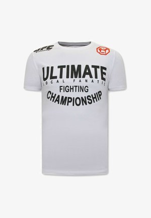 Wit UFC T-shirt met zwarte tekst "Ultimate Local Fanatic Fighting Championship" en een klein rood MMA-logo aan de rechterbovenkant.