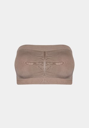 Naadloze beige bandeaubh met rekbare stof en centrale verticale naad, ontworpen voor comfort en ondersteuning zonder bandjes.