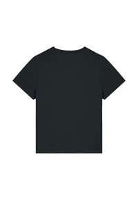 Schwarzes Baumwoll-T-Shirt mit Rundhalsausschnitt und kurzen Ärmeln. Schlichtes Design, ohne Drucke oder Verzierungen, mit einer weichen, glatten Textur.
