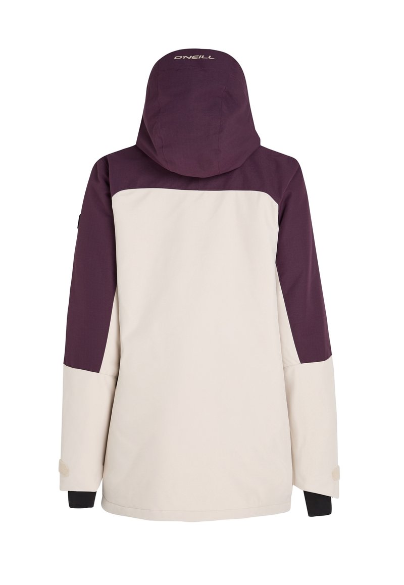 Damen Schneejacke mit einem lila- und cremefarbenen Farbblockdesign, wasserdichtem Material, verstellbare Kapuze und elastischen Bündchen.